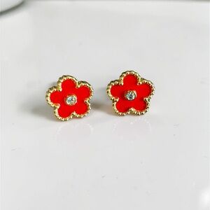 Stainless Steel Red Flower Clover Gold-Trim Stud Earrings with Crystal Center